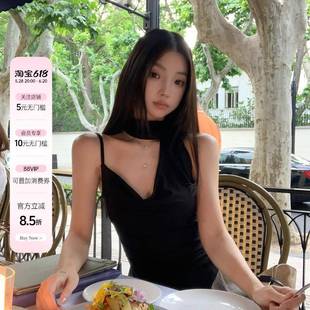 Riseaauu 蕩領(lǐng)性感掛脖背心吊帶女夏季 不規(guī)則修身 上衣 黑桃契約