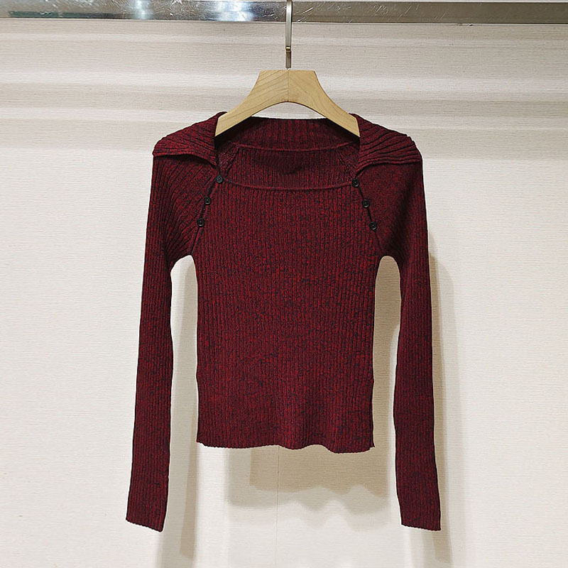 方领修身羊毛显瘦长袖针织打底衫