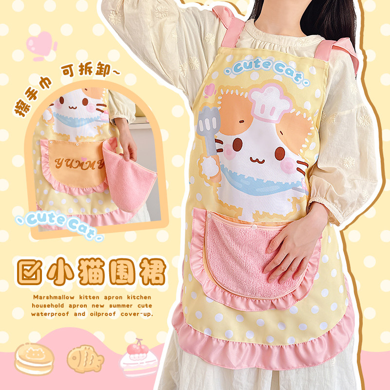 原创小猫围裙厨房家用新款防水防油可爱少女款做饭烘焙罩衣带擦手