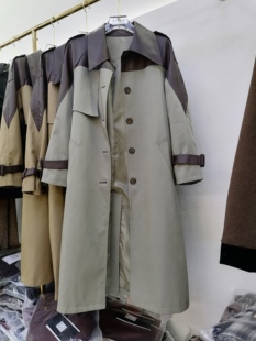 女装 欧韩时尚 秋装 单排扣直筒显瘦中长款 高档外套 风衣拼皮翻领长袖