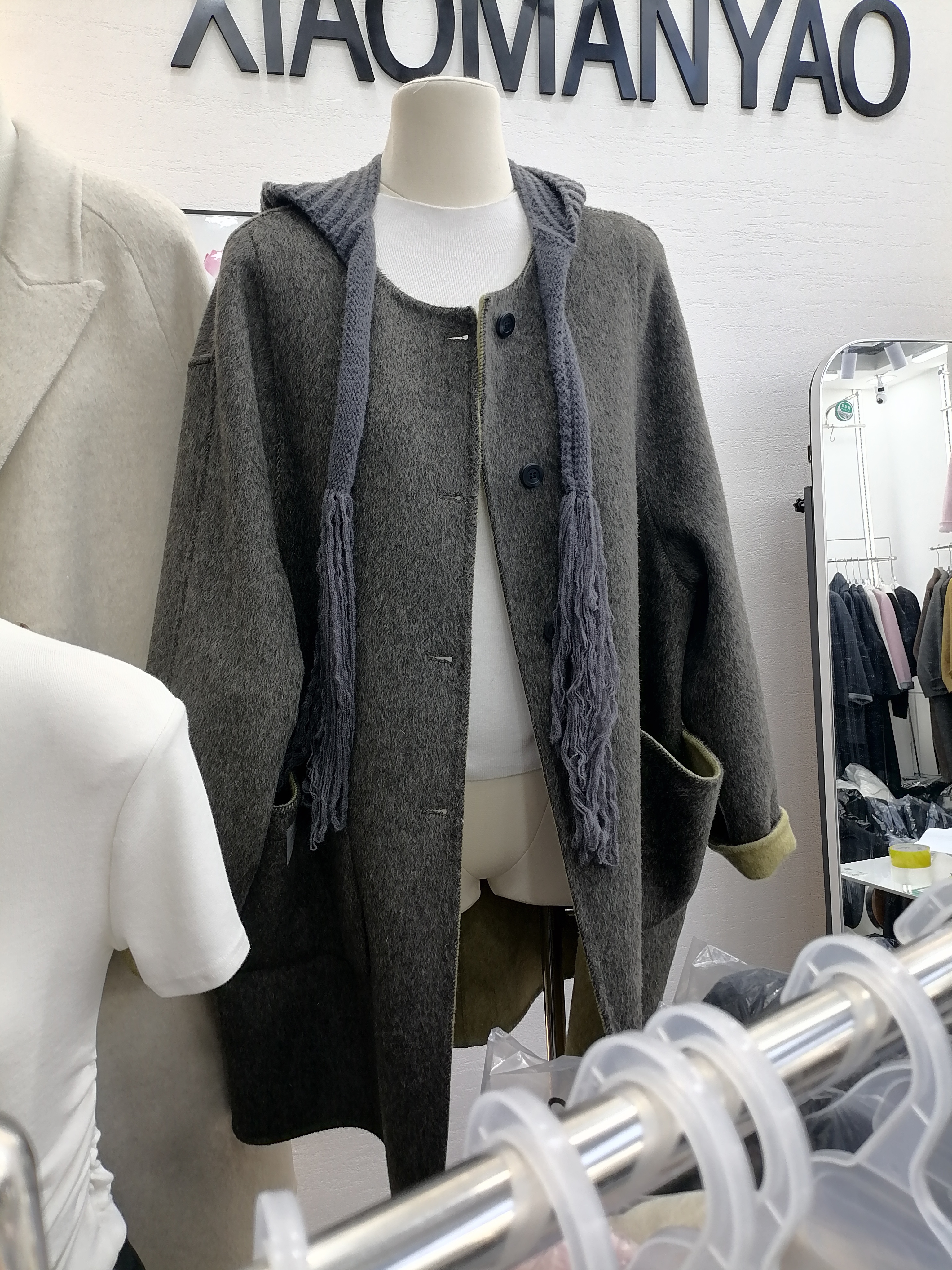 2025秋冬欧韩双面羊毛大衣女宽松百搭小个子保暖毛呢外套配针织帽