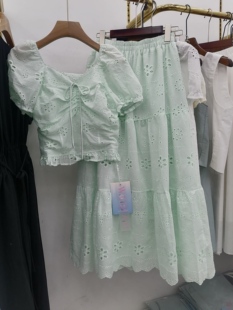 半身中长裙两件套裙女 2025春夏韩版 连衣裙套装 刺绣花朵娃娃衫 短袖