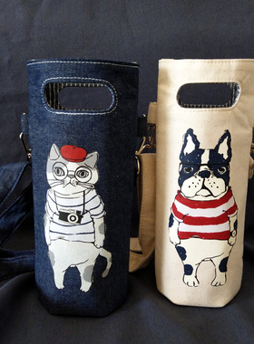 出口日本20年春夏新 法斗沙皮卡通布艺手提斜挎水杯保温保护套