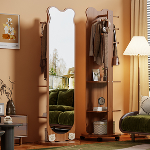 实木全身镜中古风落地镜家用可旋转移动大镜子带挂衣架一体穿衣镜