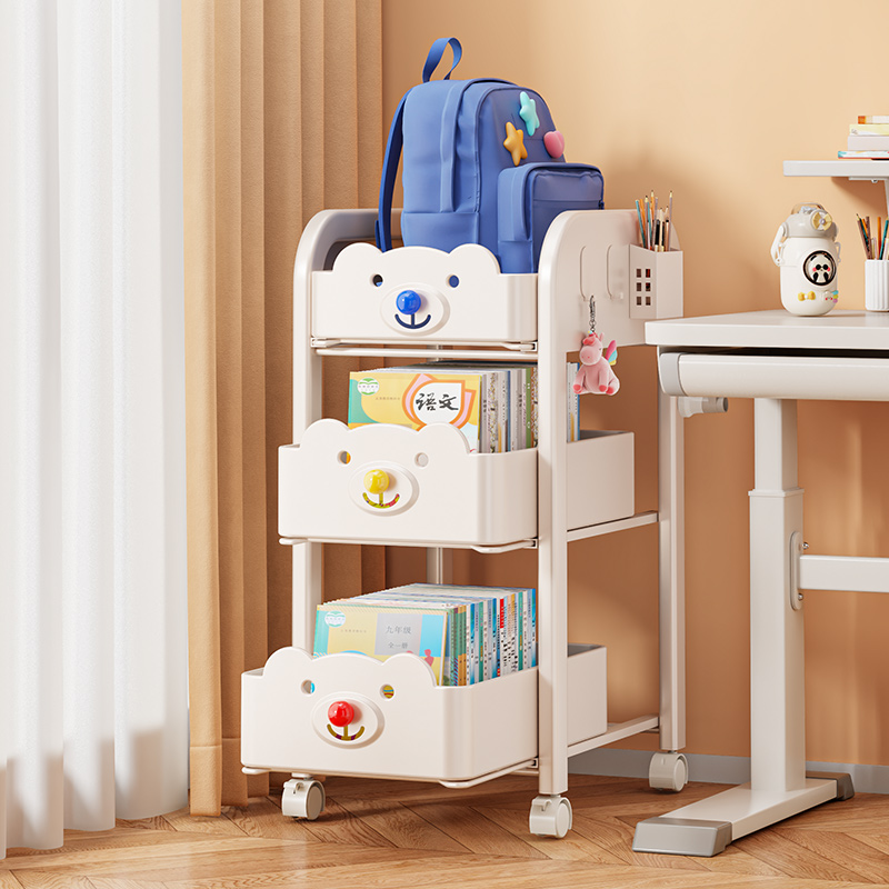 儿童书架落地书包置物架可移动小推车带轮多层桌下书本文具收纳架