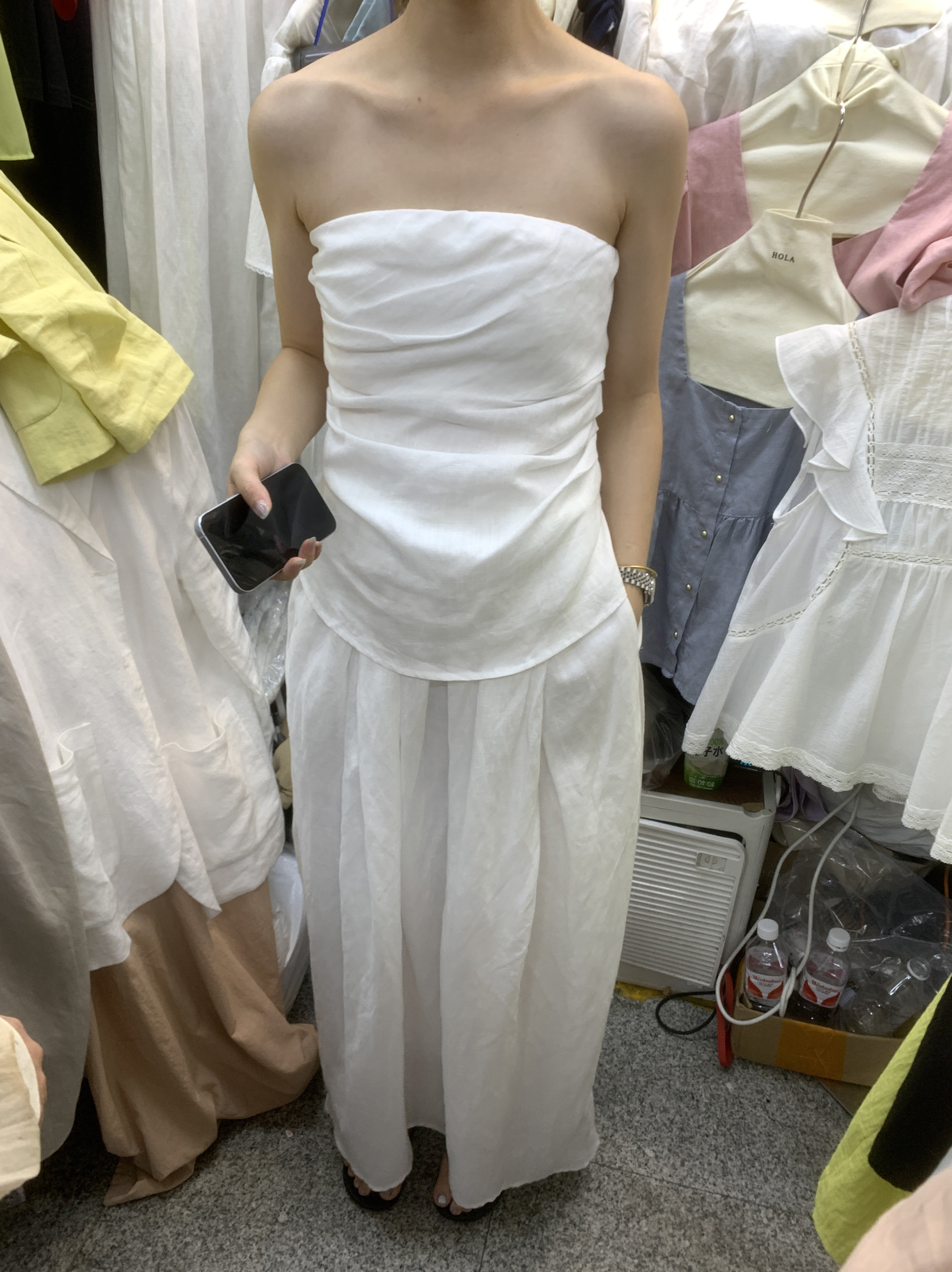 现货十三行2025夏新款韩系简约宽松显瘦麻料抹胸上衣+半身裙套装