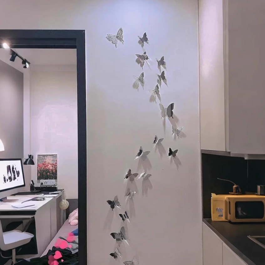 光影3D立体蝴蝶贴饰卧室客厅学校酒吧花店装饰墙贴画自粘可移除图片