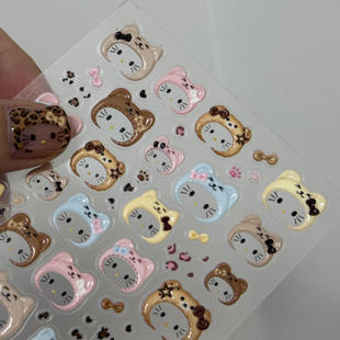可爱豹纹卡通头套凯蒂猫浮雕美甲贴纸高颜值卡通猫指尖小图案贴纸