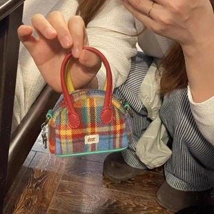 美拉德格子小包包小众设计迷你零钱包ins风耳机包手提斜挎包 韩版
