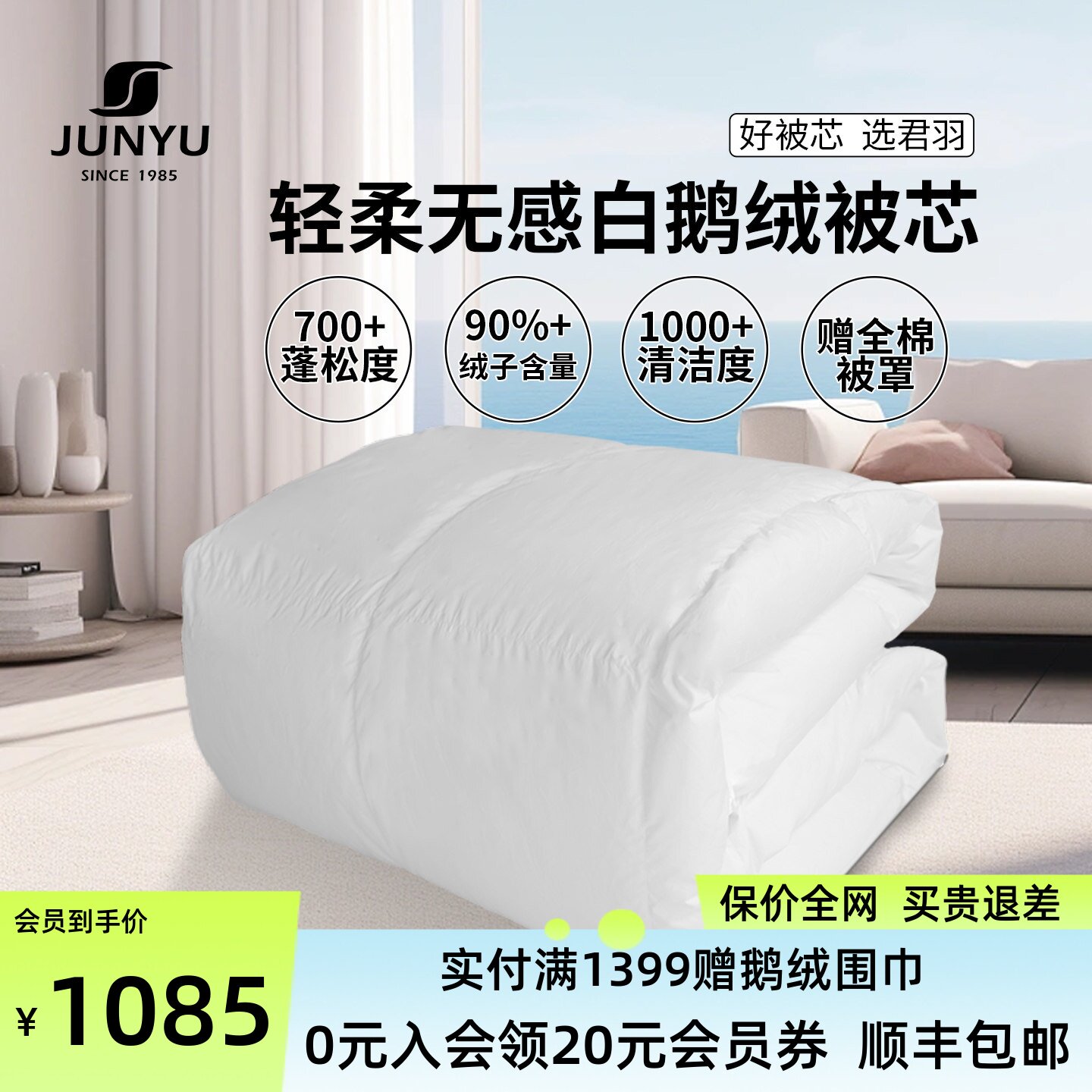 【赠被罩】君羽羽绒被芯加厚冬被700蓬白鹅绒四季被单双人鹅绒被