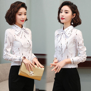 修身 印花条纹长袖 衬衫 2020春季 工作服打底衫 韩版 女职业装 衬衣 新款