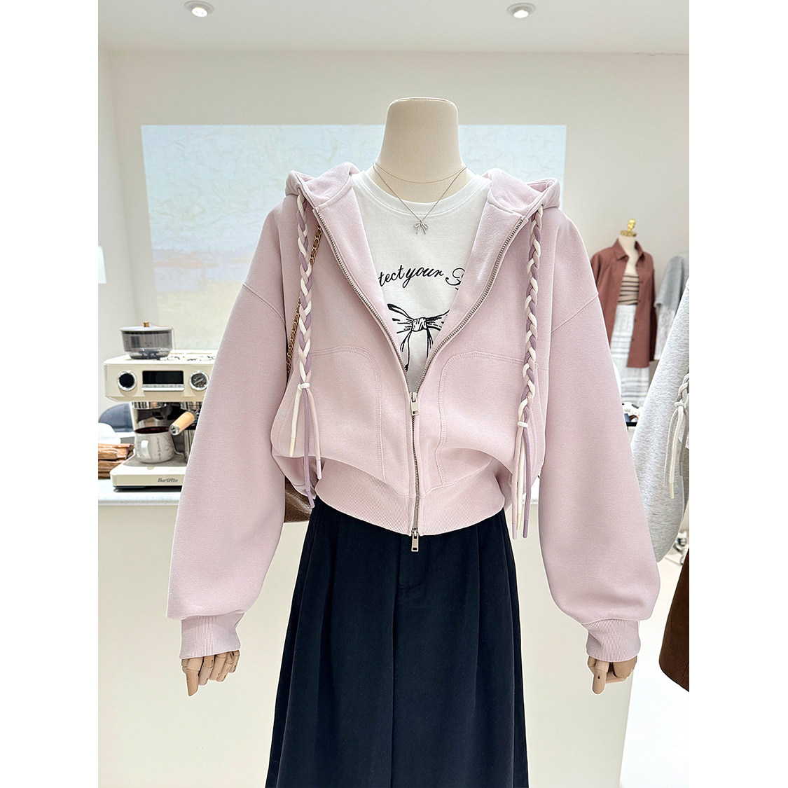 春季新品简约风双拉链韩版宽松纯色休闲短款开衫连帽卫衣女外套