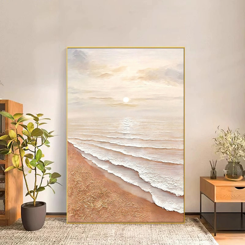 现代奶油风大芬村海上定制客餐厅日出手绘油画装饰玄关电表箱挂画