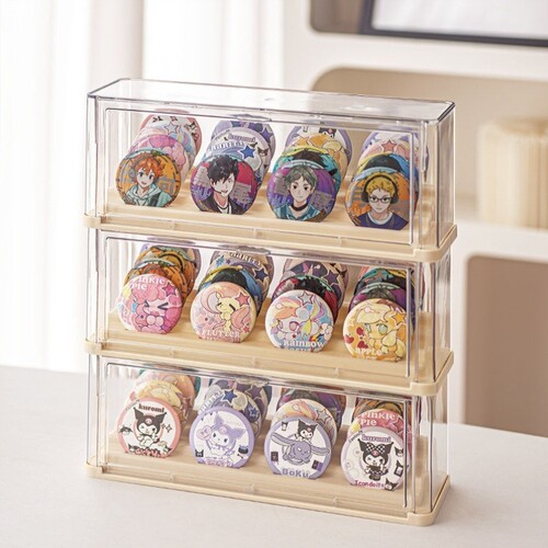 吧唧收纳盒阶梯谷子周边透明展示架桌面动漫徽章58mm立牌防尘架