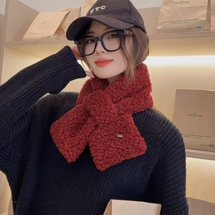 羊羔毛绒针织围巾女秋冬季韩系毛领学生保暖防寒护颈交叉短款围脖