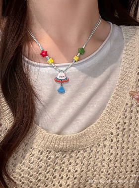 可爱彩色飞碟吊坠星星项链女2025新款多巴胺锁骨链串珠颈链配饰夏