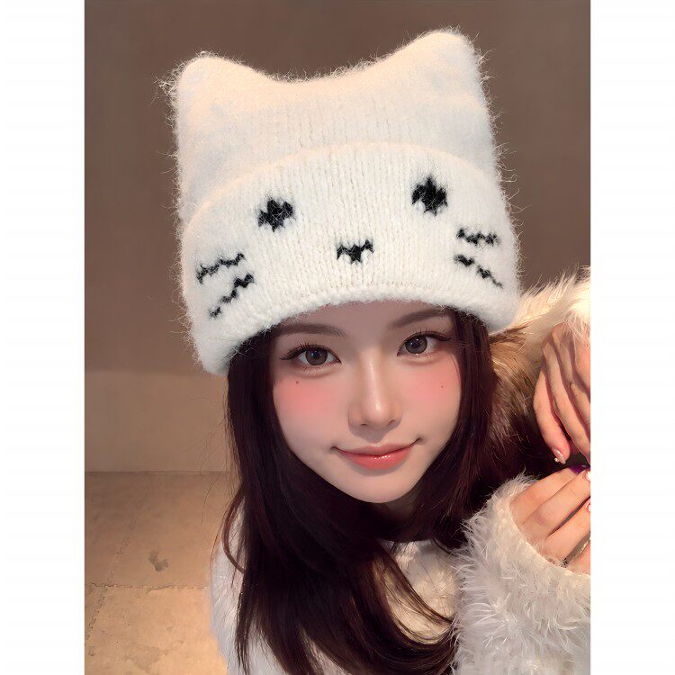 白色猫耳朵帽子女秋冬新款日系甜美可爱大头围针织帽毛线帽护耳帽