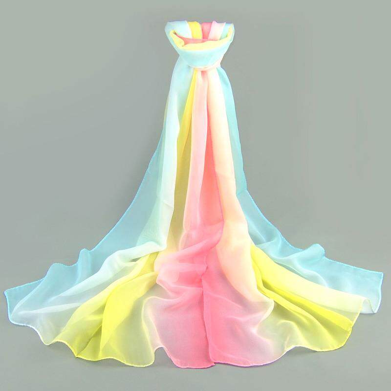 春夏韩版渐变色女七彩纱巾夏季装饰百搭配防晒薄长款围巾雪纺丝巾