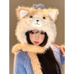 可爱小鱼猫咪耳朵毛绒帽子女秋冬季显脸小保暖防寒加厚护耳雷锋帽