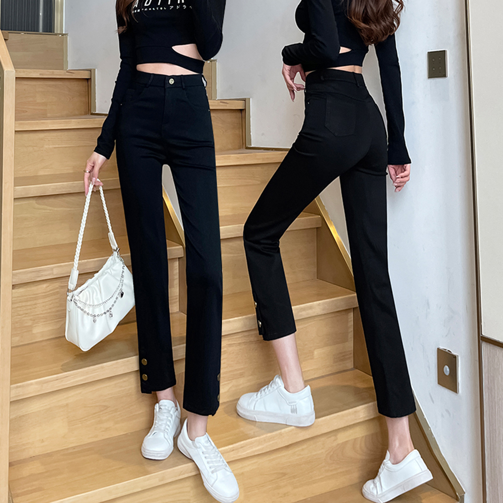 春夏薄款黑色高腰显瘦微胖女生裤子百搭八九分弹力窄版阔腿法棍裤