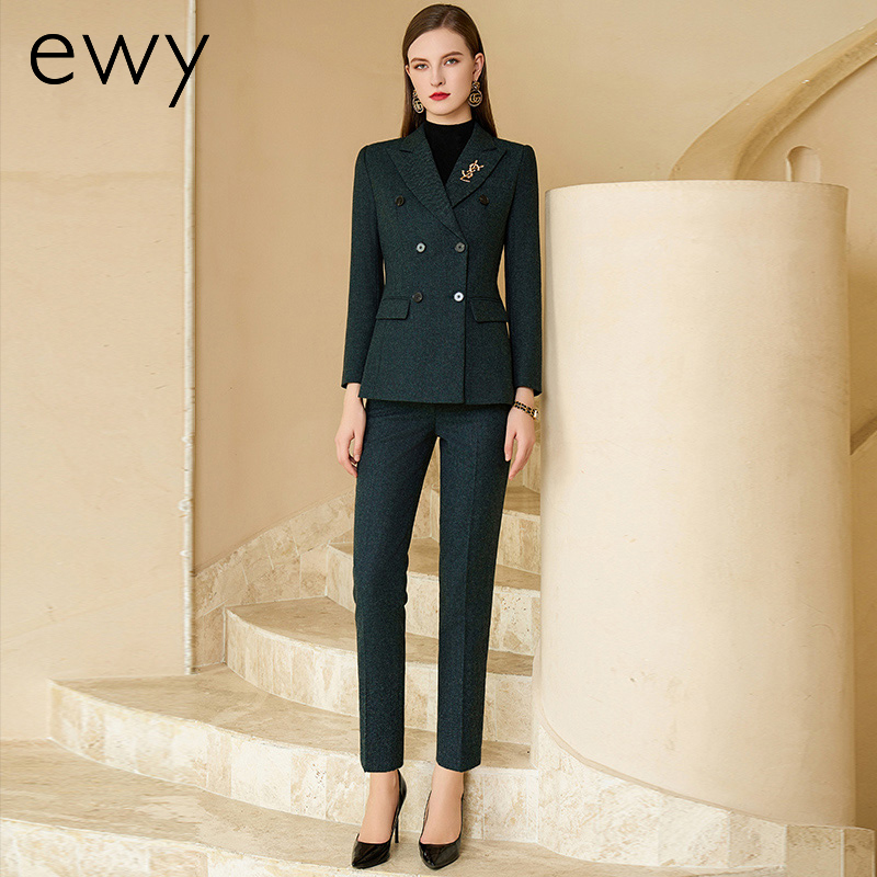 优雅复古墨绿色西装套裤女加厚西服套装两件套秋冬羊毛商务职业装