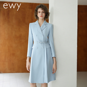 双排扣职业套裙考公考研正装 EWY秋冬新款 浅蓝色连衣裙女修身 通勤