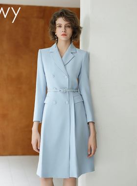 EWY秋冬新款浅蓝色连衣裙女修身双排扣职业套裙考公考研正装通勤