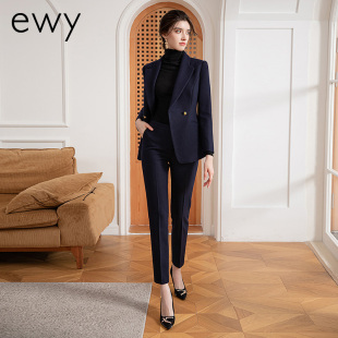 EWY藏蓝色西装套装女高端羊毛呢西服外套秋冬正装职业装商务加厚