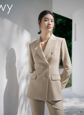 ewy2025春季新款干练卡其色双排扣职业西装外套女气质修身西服OL