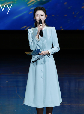 ewy蓝色知性优雅风西装连衣裙女主持人商务职业装高级感