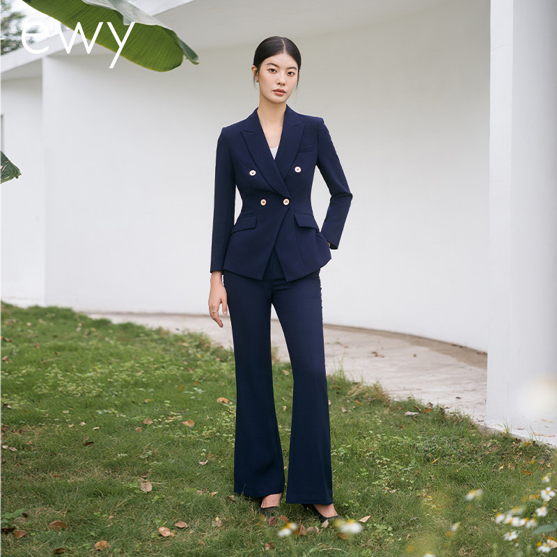 ewy时尚干练藏青色阔腿裤工作服女气质售楼部案场白领OL西装套装