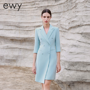 ewy2024夏季新款蓝色职业连衣裙女气质双排扣修身美容师工作服OL