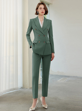 ewy秋冬新款绿色西装套装韩版修身售楼部工作服美容院工装面试OL