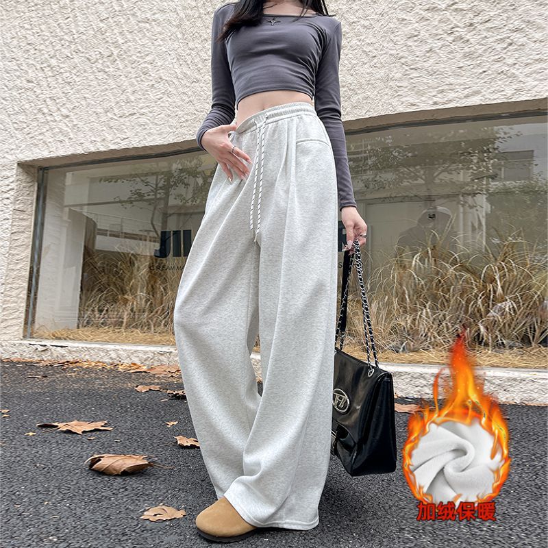 白灰色美式运动裤女款秋冬季加绒休闲裤