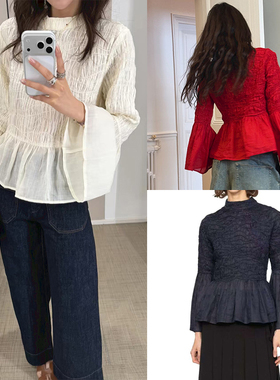 法式小众 2026春夏时尚肌理感喇叭袖缩褶荷叶边圆领套头上衣女