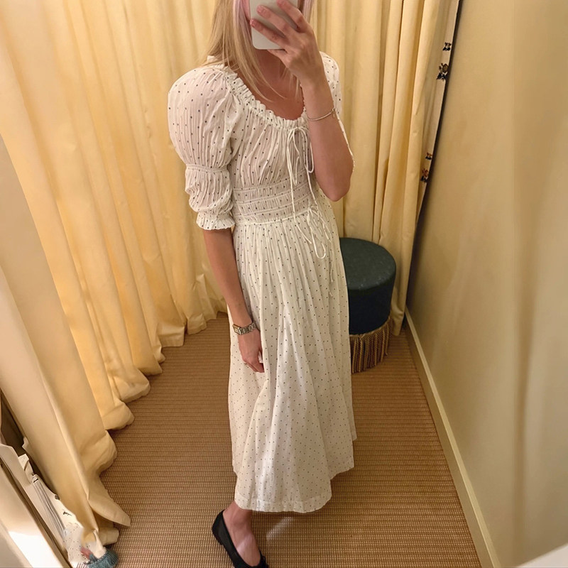 法式小众 2026夏季森女风大圆领植绒波点印花高腰泡泡袖长裙女
