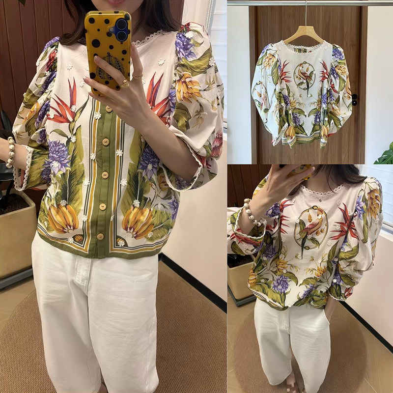法式小众 2026早秋中式美学花鸟印花前后两穿泡泡袖圆领衬衣女