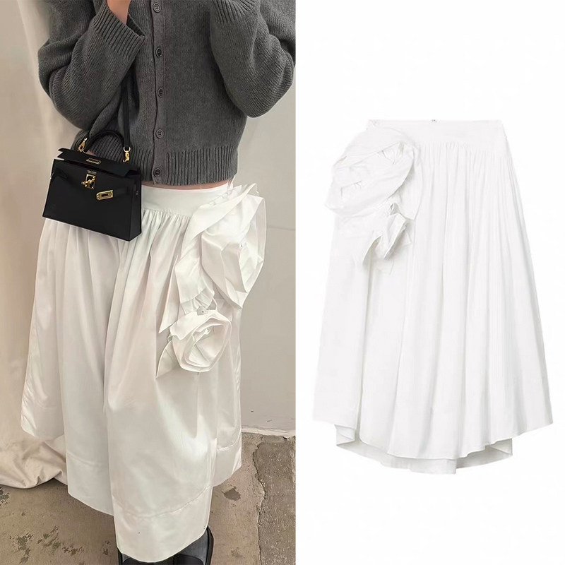 法式小众2026秋冬名媛千金风立体玫瑰大花朵白色棉质A版半裙女