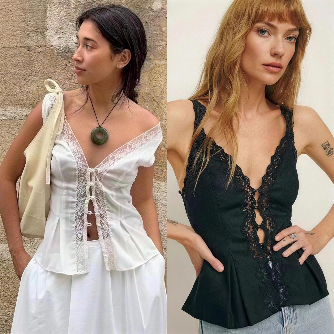 法式小众2026夏季性感深V领纯色前系扣上衣镂空蕾丝花边吊带女