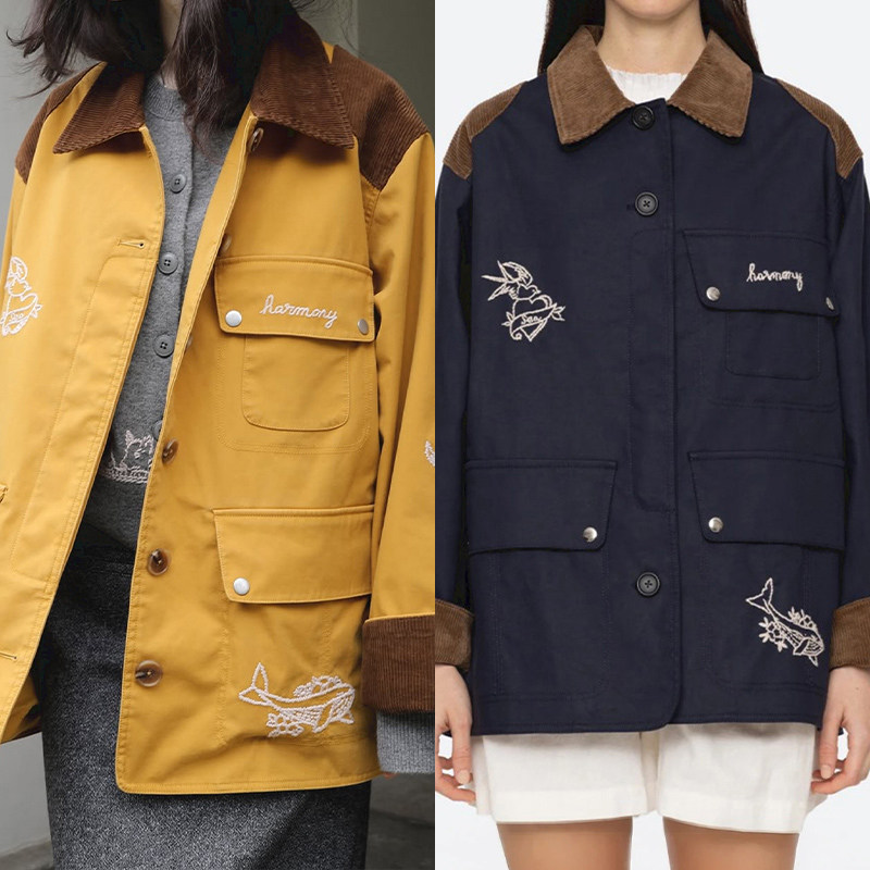法式小众 2025秋冬新款灯芯绒拼领趣味小鸟大鱼刺绣工装中长外套