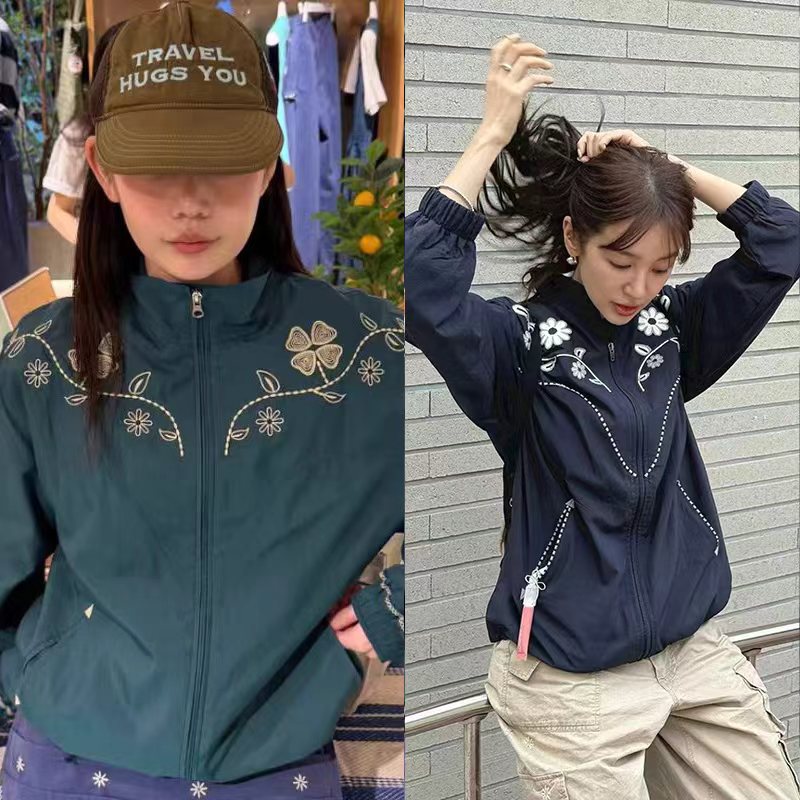 韩国小众 2026秋冬手工感花卉刺绣复古百搭双头拉链运动外套女