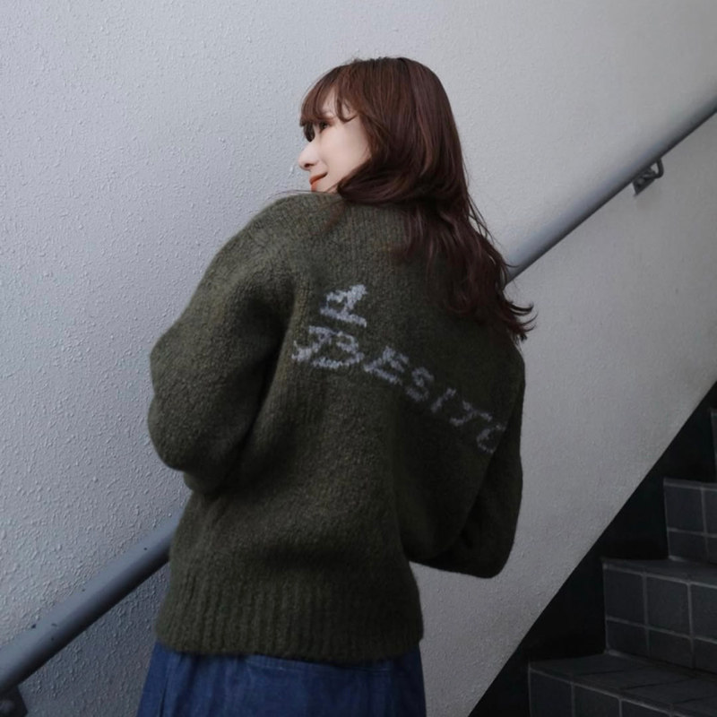法式小众2025秋冬新INS风后背英文提花混纺圆领套头款毛衣女