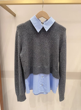 法单小众 2026早春格雷系假两件格纹可拆卸POLO领烫钻针织衫女
