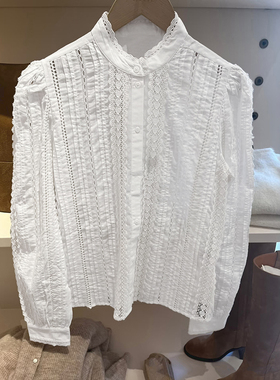 法式小众2026春夏雅致镂空车褶蕾丝拼接立领纯色INS女士衬衣