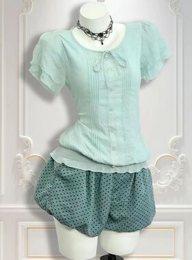 【青禾序夏】中古小清新上衣+波点花苞短裤两件套小个子古早设计