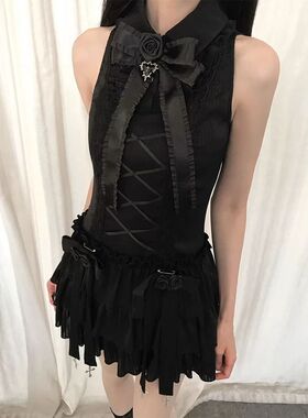 墨色礼赞 夏季新款复古轻哥特cla系设计感暗黑条纹无袖连衣蛋糕裙