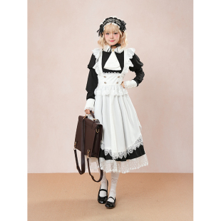 古典女仆感连衣裙 复古甜美lolita黑色修身 围裙两件套 十六夜