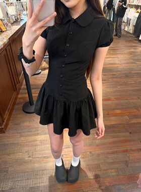 韩系气质黑色条纹收腰显瘦短袖连衣裙女夏季简约通勤休闲百搭短裙