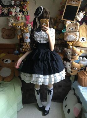 Lolita甜系黑白波点拼接连衣裙多层荷叶边洛丽塔洋装 jsk连衣裙女