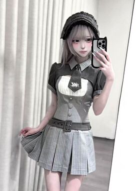 雪国来信 学院辣妹蕾服韩蕾系大人感小众灰色外搭+收腰连衣裙套装